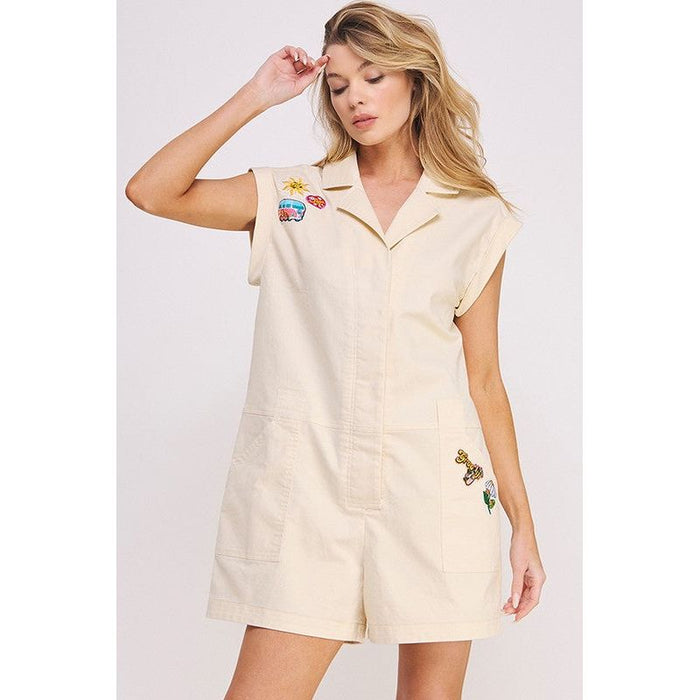 Cotton Twill Utility Romper W/ Patchwork Detail