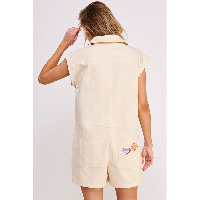 Cotton Twill Utility Romper W/ Patchwork Detail