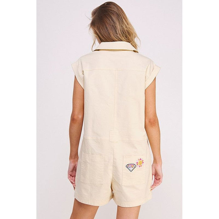 Cotton Twill Utility Romper W/ Patchwork Detail