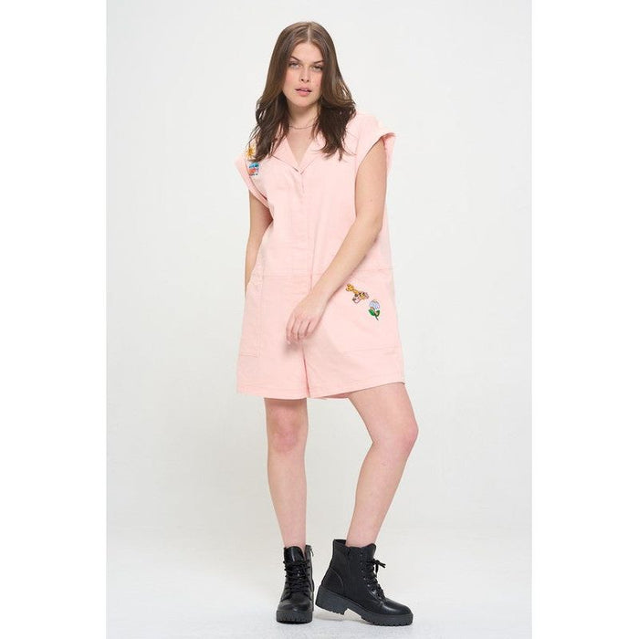 Cotton Twill Utility Romper W/ Patchwork Detail