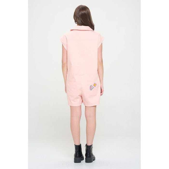 Cotton Twill Utility Romper W/ Patchwork Detail