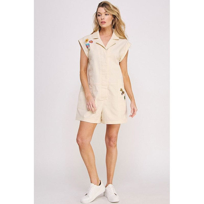 Cotton Twill Utility Romper W/ Patchwork Detail