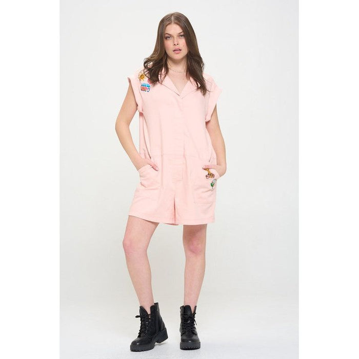 Cotton Twill Utility Romper W/ Patchwork Detail