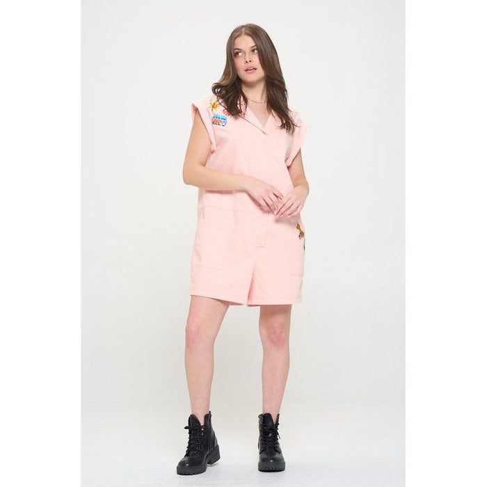 Cotton Twill Utility Romper W/ Patchwork Detail