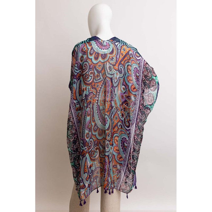 Paisley Print Open Front Kimono w/ Cinched Arms