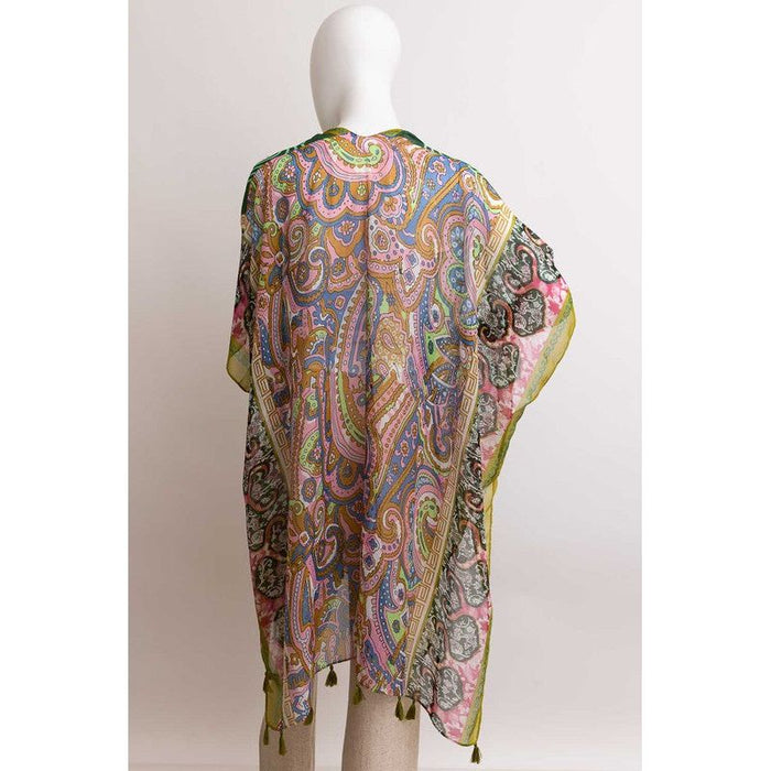 Paisley Print Open Front Kimono w/ Cinched Arms