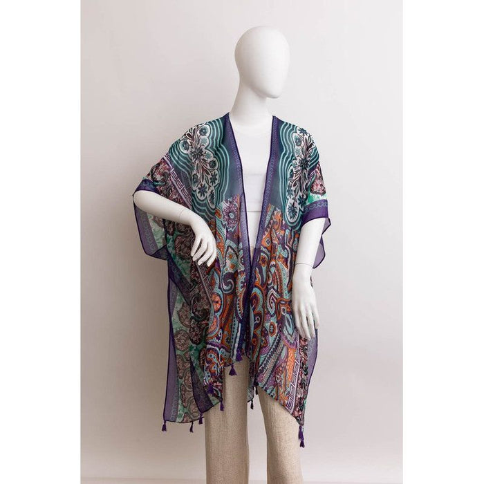 Paisley Print Open Front Kimono w/ Cinched Arms