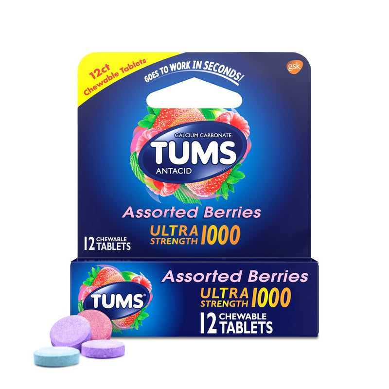 Tums Tums Chewable Antacid Tablets For Extra Strength Heartburn Relief, Assorted Berries Flavors - 8 Count Roll Health & Beauty White Smoke