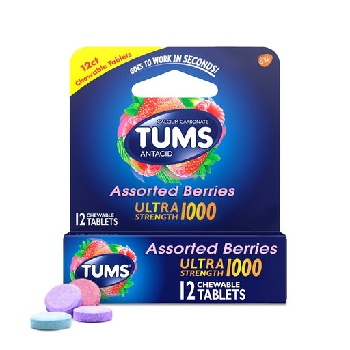 Tums Tums Chewable Antacid Tablets For Extra Strength Heartburn Relief, Assorted Berries Flavors - 8 Count Roll Health & Beauty White Smoke