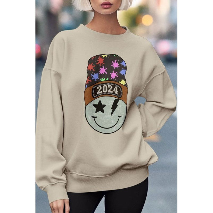 New Year 2024 Smiley Graphic Fleece Sweatshirt