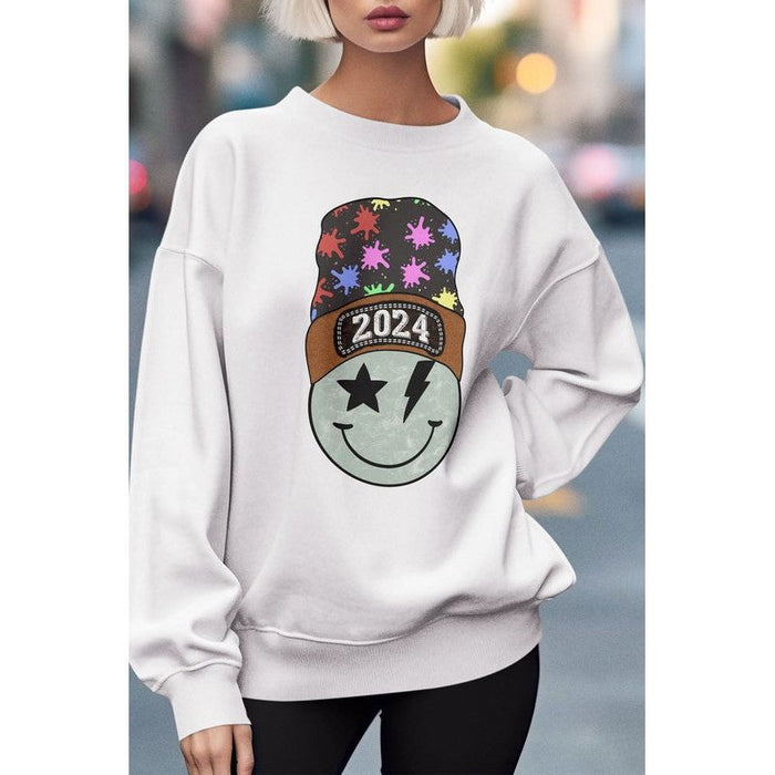 New Year 2024 Smiley Graphic Fleece Sweatshirt