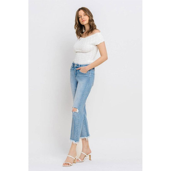 High Rise Frayed Hem Crop Straight Jeans