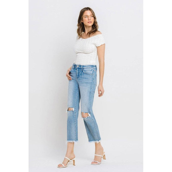 High Rise Frayed Hem Crop Straight Jeans