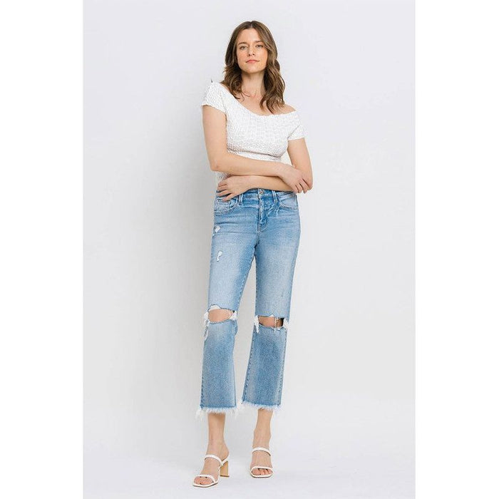 High Rise Frayed Hem Crop Straight Jeans