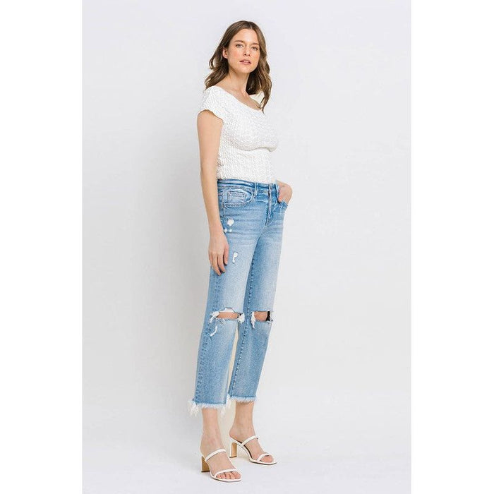 High Rise Frayed Hem Crop Straight Jeans