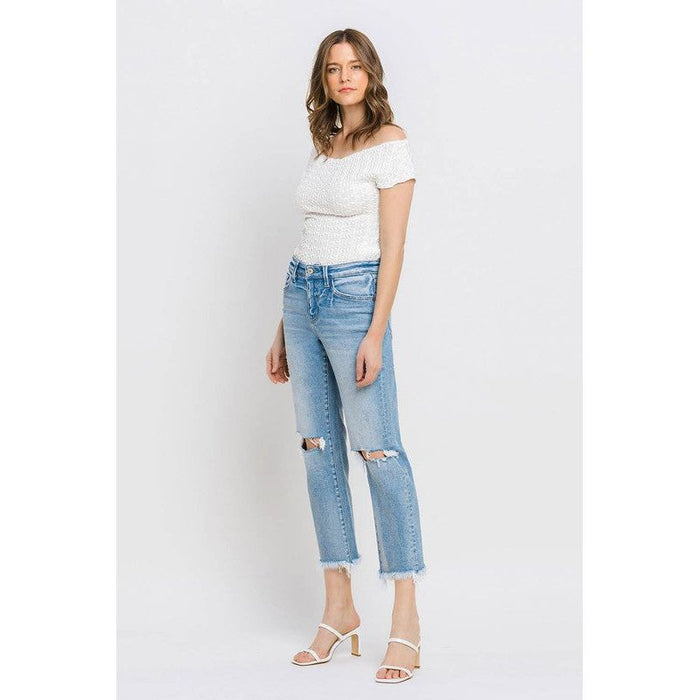 High Rise Frayed Hem Crop Straight Jeans