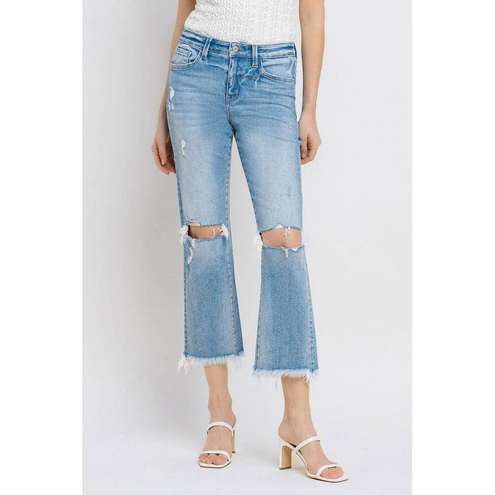 High Rise Frayed Hem Crop Straight Jeans