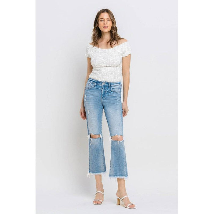 High Rise Frayed Hem Crop Straight Jeans