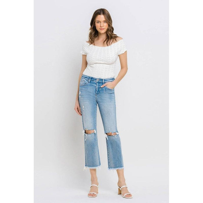 High Rise Frayed Hem Crop Straight Jeans