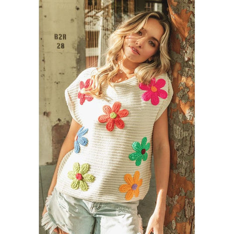 Crochet Flower Embroidery Knit Top