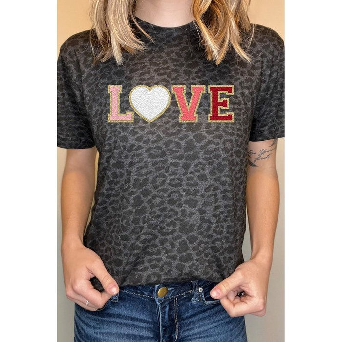 Love Faux Chenille Letters Black Leopard Tee