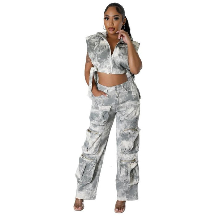 Fashion Denim Two Piece Pants Set