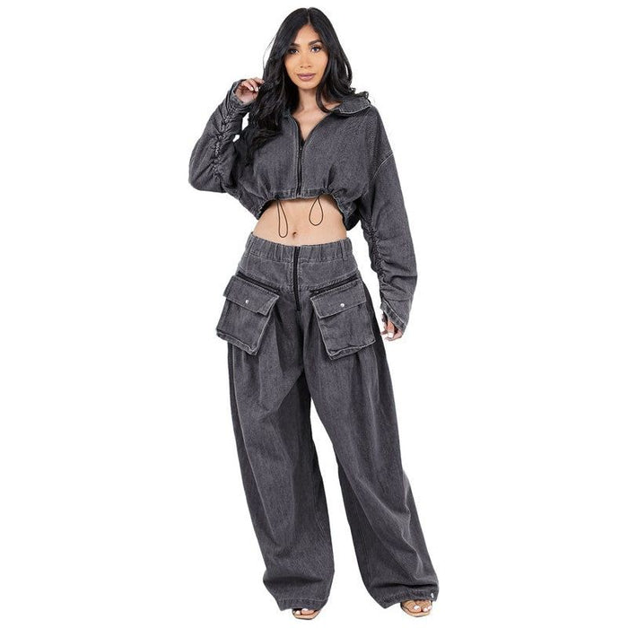 Fashion Denim Two Piece Pant Set