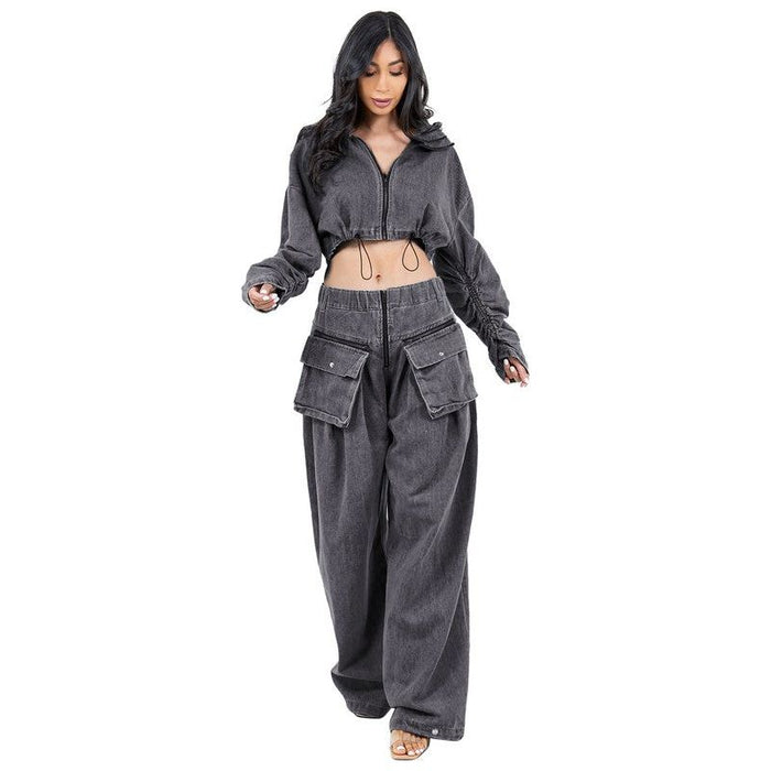 Fashion Denim Two Piece Pant Set