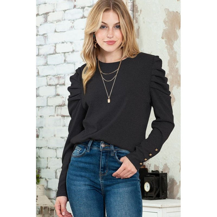 Basic Buttoned Puff Long Sleeve Blouse Top