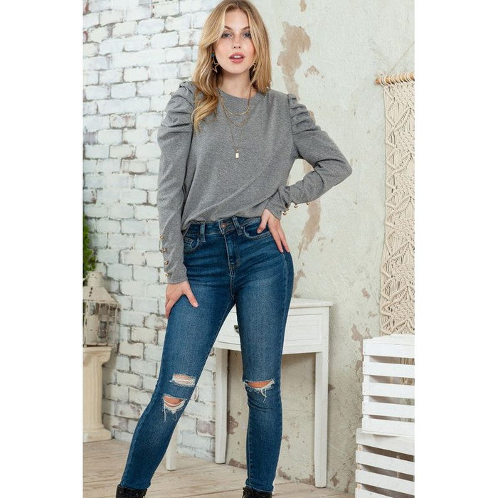 Basic Buttoned Puff Long Sleeve Blouse Top