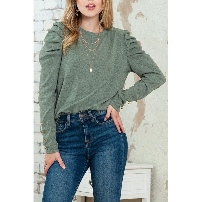 Basic Buttoned Puff Long Sleeve Blouse Top