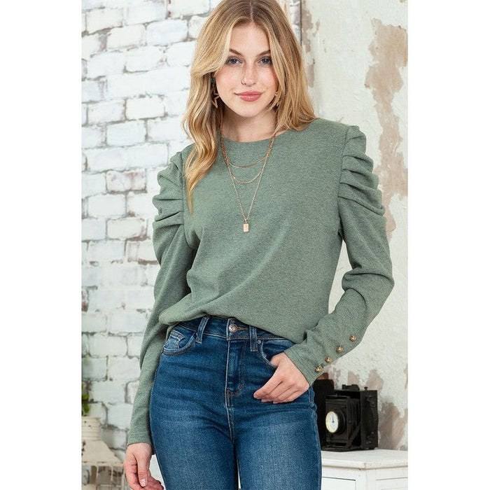 Basic Buttoned Puff Long Sleeve Blouse Top