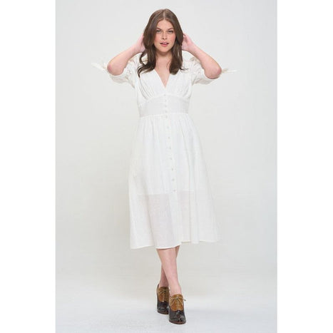 Plus 3/4 Puff Slv Textured Button Down Midi Dress