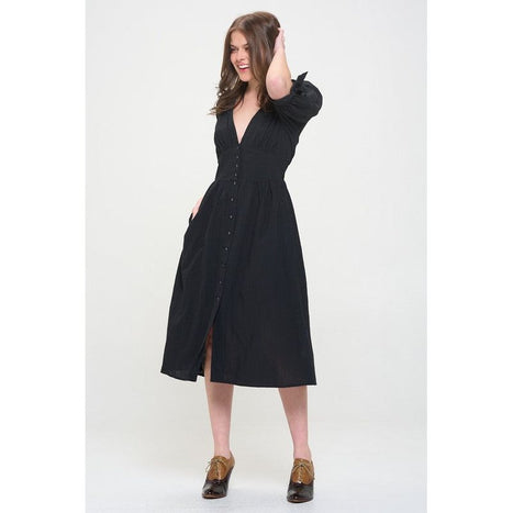 Plus 3/4 Puff Slv Textured Button Down Midi Dress