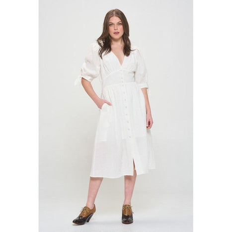 Plus 3/4 Puff Slv Textured Button Down Midi Dress