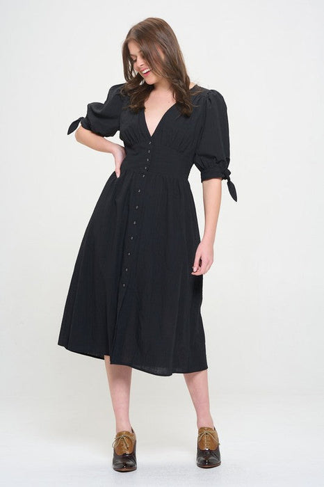 3/4 Puff Slv Texture Vneck Button Down Midi Dress