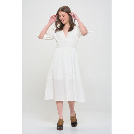 Plus 3/4 Puff Slv Textured Button Down Midi Dress