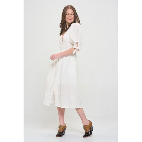 Plus 3/4 Puff Slv Textured Button Down Midi Dress