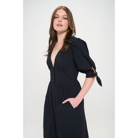 Plus 3/4 Puff Slv Textured Button Down Midi Dress