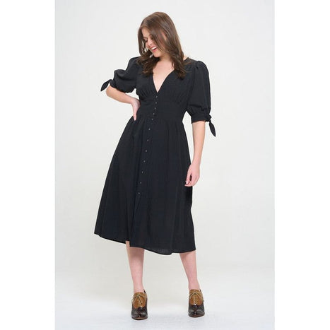 Plus 3/4 Puff Slv Textured Button Down Midi Dress