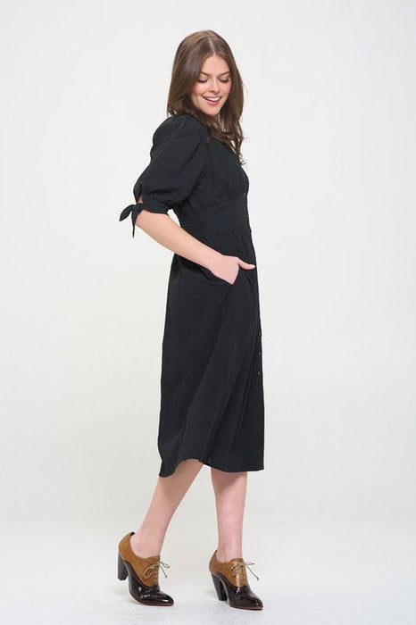 3/4 Puff Slv Texture Vneck Button Down Midi Dress