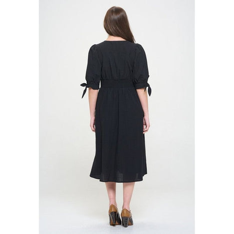 Plus 3/4 Puff Slv Textured Button Down Midi Dress