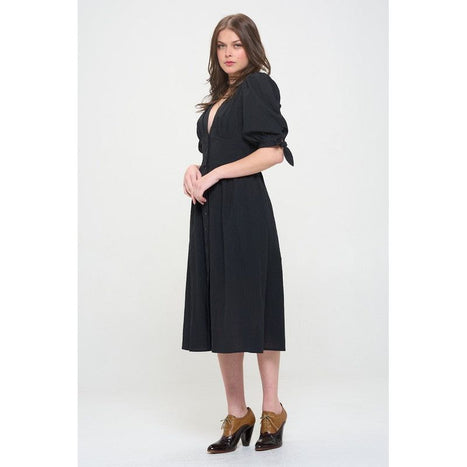 Plus 3/4 Puff Slv Textured Button Down Midi Dress