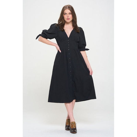 Plus 3/4 Puff Slv Textured Button Down Midi Dress