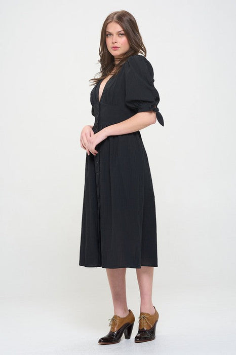 3/4 Puff Slv Texture Vneck Button Down Midi Dress