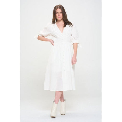 Plus 3/4 Puff Slv Textured Button Down Midi Dress