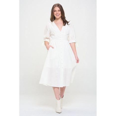 Plus 3/4 Puff Slv Textured Button Down Midi Dress