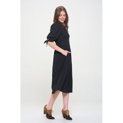 Plus 3/4 Puff Slv Textured Button Down Midi Dress