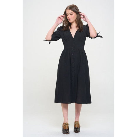 Plus 3/4 Puff Slv Textured Button Down Midi Dress