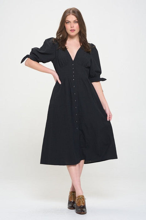 3/4 Puff Slv Texture Vneck Button Down Midi Dress